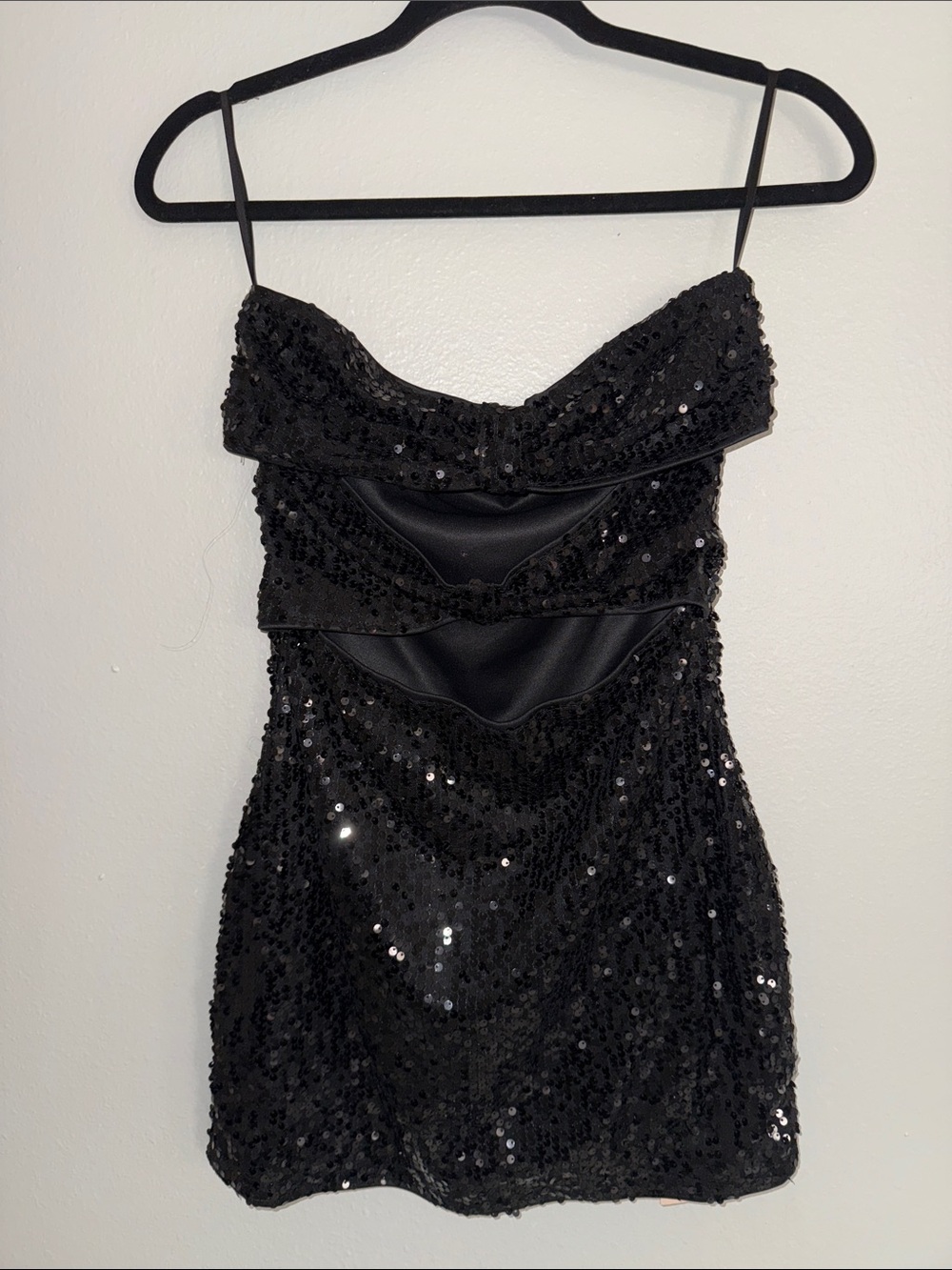SHEIN Black Sequin Ruffle Spaghetti Strap Mini Dress